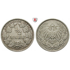 Deutsches Kaiserreich, 1/2 Mark 1908, J, ss+, J. 16