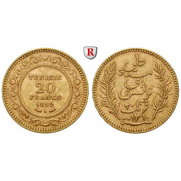 Tunesien, Französisches Protektorat, 20 Francs 1892, 5,81 g fein, ss